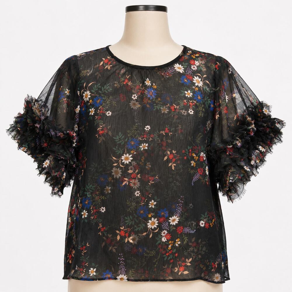 Vince Camuto Black Floral Sheer Blouse Women's Medium M Ruffle Sleeve